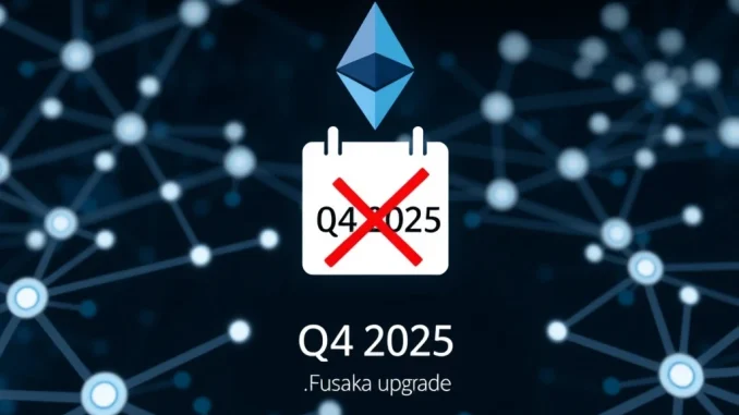 Digital representation of Ethereum's roadmap with a clock indicating a potential Fusaka upgrade delay, highlighting critical blockchain development challenges.