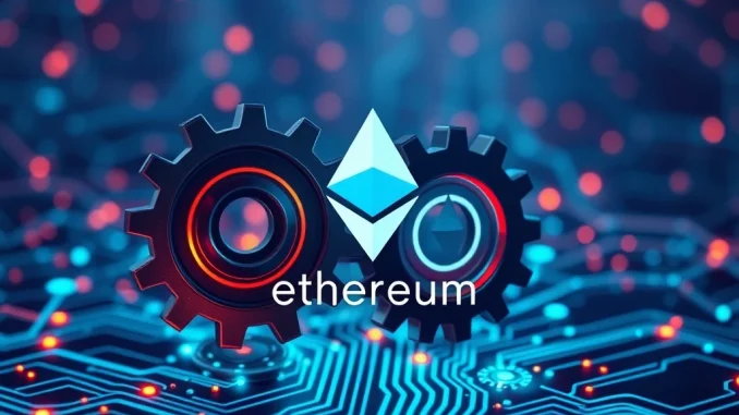 Depicts the intricate process of an Ethereum upgrade, showing digital gears and network connections, symbolizing progress and refinement.