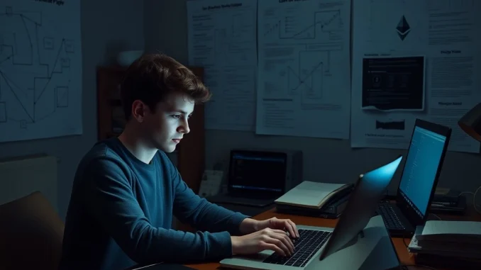 Vitalik Buterin creating Ethereum after a U.S. visa denial, leading to blockchain innovation.