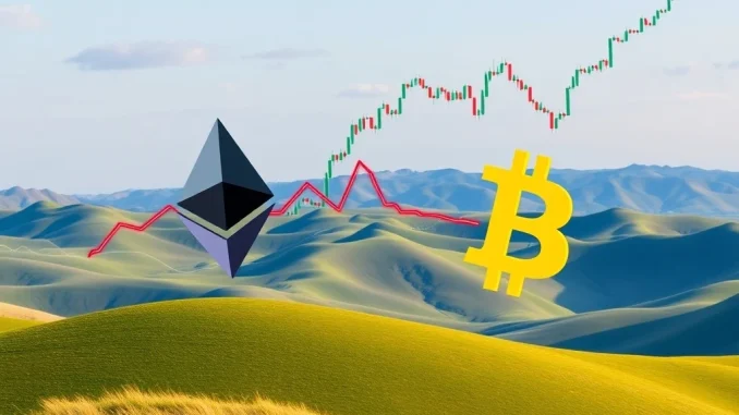 A visual representation highlighting Ethereum volatility with a more erratic line graph compared to Bitcoin's steadier one, illustrating the difference in their price movements and market dynamics.