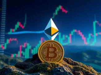 A powerful visual representing Ethereum's surging market dominance, with ETH's symbol prominently rising above Bitcoin's, illustrating the recent shift in ETH trading volume.
