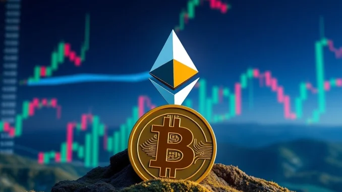 Ethereum News Today: Unstoppable ETH Surges 26%, Overtaking Bitcoin in Trading Volume A powerful visual representing Ethereum's surging market dominance, with ETH's symbol prominently rising above Bitcoin's, illustrating the recent shift in ETH trading volume.