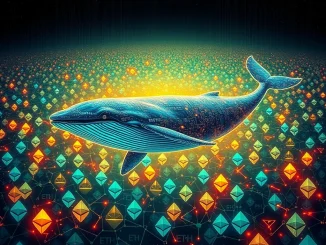 An artistic depiction of a large whale accumulating Ethereum, symbolizing strategic ETH accumulation and bullish market sentiment.