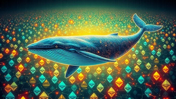 An artistic depiction of a large whale accumulating Ethereum, symbolizing strategic ETH accumulation and bullish market sentiment.