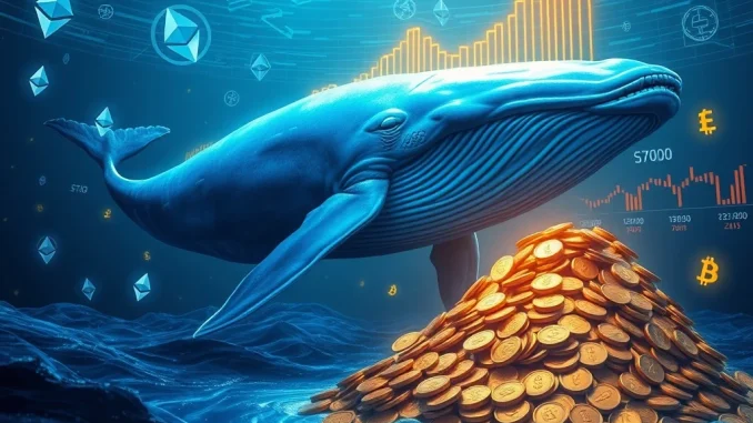 A large digital whale, symbolizing an Ethereum whale, diving into a sea of ETH coins, representing the strategic accumulation of assets during a market dip.