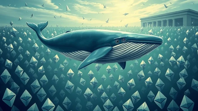An abstract depiction of a large Ethereum whale accumulating vast amounts of ETH, symbolizing growing institutional confidence in the asset.