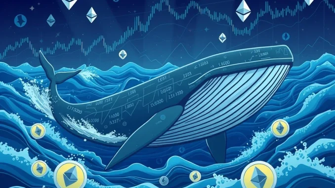 An artistic representation of an Ethereum whale making a significant crypto transaction, illustrating the volatile ETH price action.