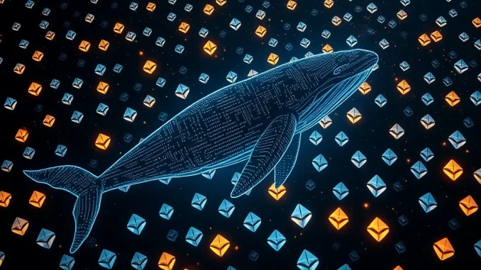 A large digital whale accumulating Ethereum (ETH) tokens, symbolizing the significant Ethereum whale activity and investment.