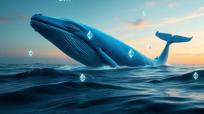 A large Ethereum whale, symbolizing a significant ETH investment, navigating the volatile crypto market with a substantial accumulation.
