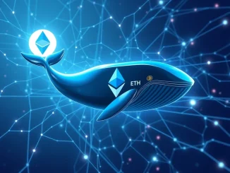 Ethereum whale symbol swimming through blockchain network, representing institutional confidence in ETH.