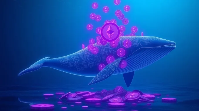 A digital representation of an Ethereum whale accumulating a vast amount of ETH, symbolizing significant ETH holdings and institutional investment.