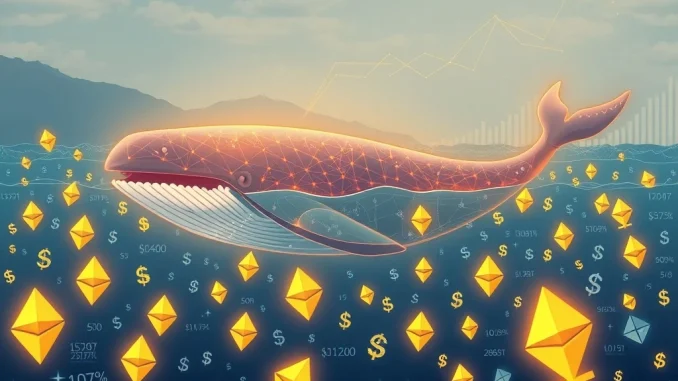 Ethereum Whale Unleashes Massive $40.6M ETH Purchase, Totaling $667M An Ethereum whale's massive $40.6M ETH purchase, symbolizing significant cryptocurrency investment and market impact.