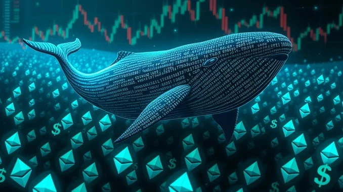 A digital whale selling Ethereum (ETH) coins, symbolizing a significant Ethereum whale transaction and its potential crypto market impact.
