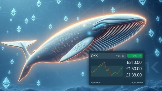 Visualizing an Ethereum whale's massive $9.38M ETH deposit to OKX, symbolizing significant crypto profit realization through on-chain analytics.