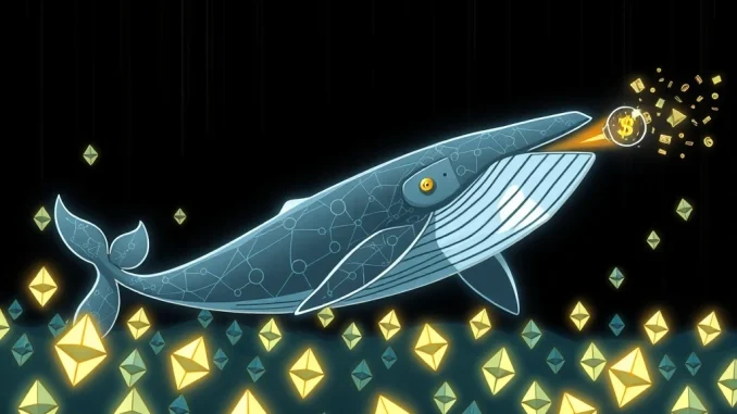 A digital whale exhaling ETH symbols, representing an Ethereum whale's massive crypto profit from long-term holding.