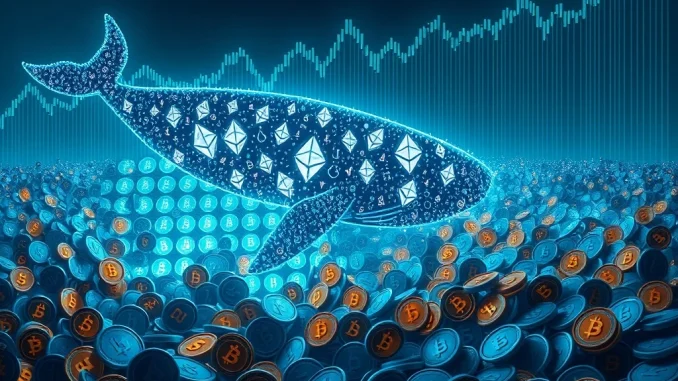 A digital whale made of Ethereum symbols strategically accumulating assets, illustrating the current Ethereum whales market trend.