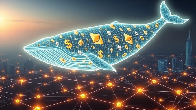 A digital whale representing Ethereum whales accumulating ETH, illustrating significant institutional investor interest and crypto market trends.