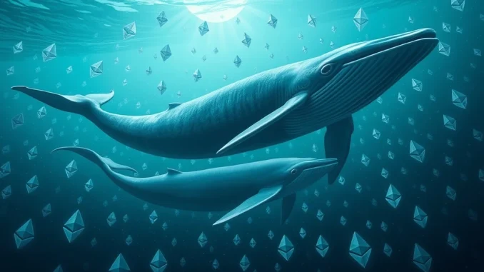 A visual metaphor of large ETH whales swimming through a sea of Ethereum, symbolizing massive Ethereum acquisitions and institutional crypto movements.
