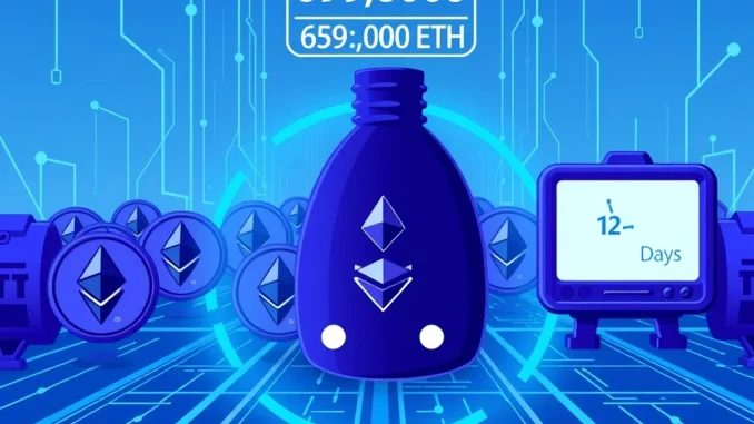 Ethereum Withdrawal Backlog: Urgent Delays Threaten Staking Confidence An illustration symbolizing the Ethereum withdrawal backlog, showing a bottleneck of ETH tokens and a rising delay timer.