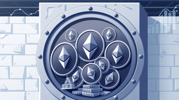 A secure digital vault symbolizing institutional crypto accumulation from FalconX via Ethereum withdrawals, indicating long-term ETH storage.