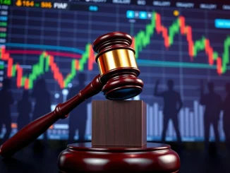 A gavel hitting a block with cryptocurrency charts in the background, symbolizing the ongoing EthereumMax lawsuit and its implications for crypto investors.