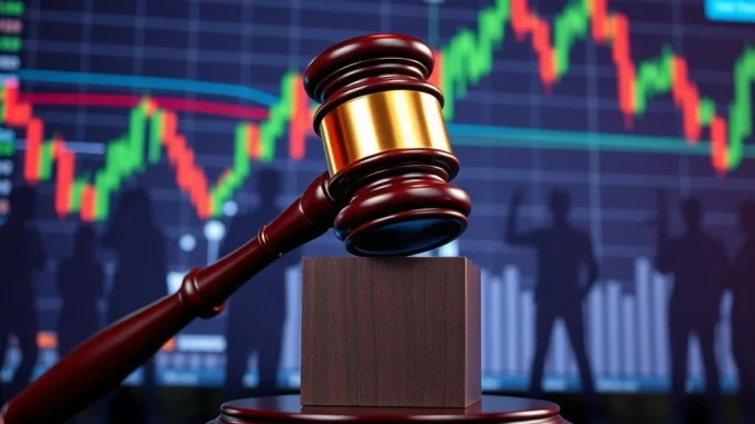 A gavel hitting a block with cryptocurrency charts in the background, symbolizing the ongoing EthereumMax lawsuit and its implications for crypto investors.