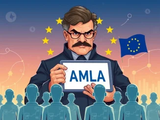 EU AMLA official enforcing new crypto compliance rules, symbolizing regulatory oversight and the impact on crypto firms.
