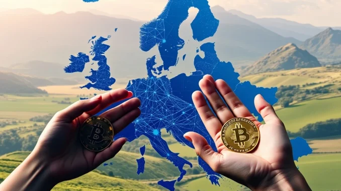 A hand holding a smartphone displaying crypto charts, with a subtle EU flag overlay, symbolizing the impact of EU crypto regulations on European digital asset holders.