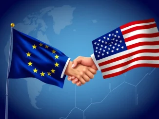 Flags of the EU and US symbolizing the EU trade suspension, representing improved US EU trade relations and economic de-escalation.