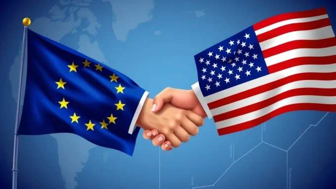 Flags of the EU and US symbolizing the EU trade suspension, representing improved US EU trade relations and economic de-escalation.