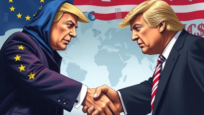 Depicts the delicate balance of the EU-US trade agreement negotiations, highlighting the impact of Trump's tariff demands.