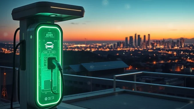 A digital overlay on an EV charging station symbolizing the revolutionary EV charging network tokenization by U Power and IoTeX, enhancing asset liquidity.