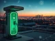 A digital overlay on an EV charging station symbolizing the revolutionary EV charging network tokenization by U Power and IoTeX, enhancing asset liquidity.