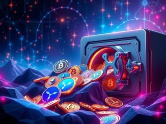 A digital representation of a diversified crypto treasury, showing various cryptocurrency logos like Bitcoin and Ethereum alongside other digital assets, symbolizing Everything Blockchain's new digital asset strategy.