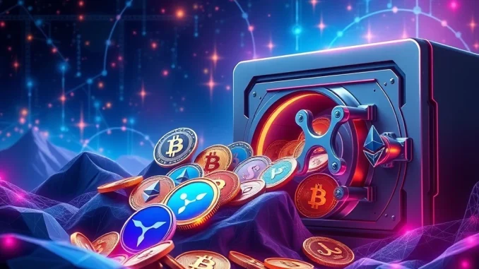 A digital representation of a diversified crypto treasury, showing various cryptocurrency logos like Bitcoin and Ethereum alongside other digital assets, symbolizing Everything Blockchain's new digital asset strategy.