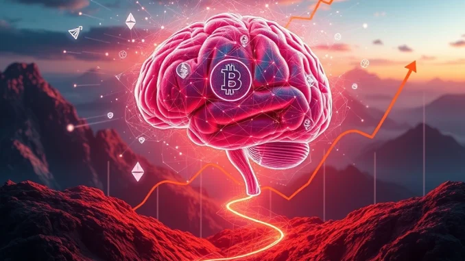 A visual representation of the explosive growth in AI crypto investments, showing digital intelligence merging with blockchain technology.