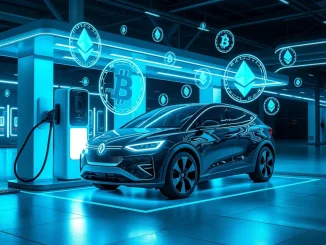Faraday Future's EV charging station with crypto symbols, symbolizing their bold crypto investment plan.