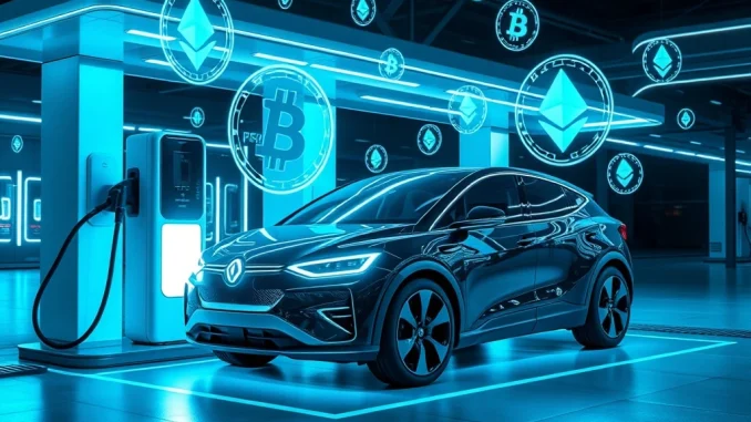 Faraday Future's EV charging station with crypto symbols, symbolizing their bold crypto investment plan.
