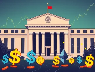 Federal Reserve building with crypto symbols, illustrating the crucial impact of Fed interest rate cuts on digital asset markets.