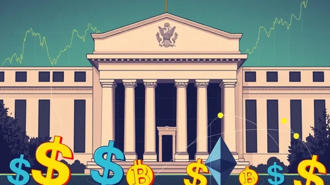 Federal Reserve building with crypto symbols, illustrating the crucial impact of Fed interest rate cuts on digital asset markets.