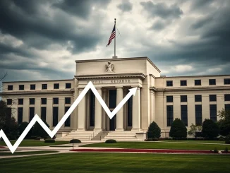 U.S. Federal Reserve building with falling interest rate graph overlay signaling potential Fed rate cuts.
