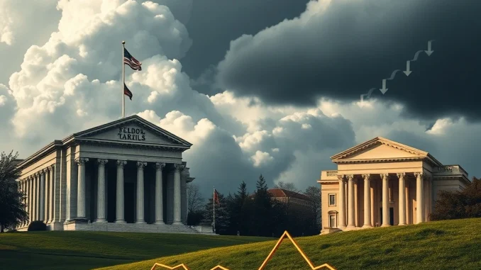 Depiction of global economic tension: US Fed's caution on Fed Rate Cuts contrasted with ECB's actions, amidst Trump tariffs impacting markets.