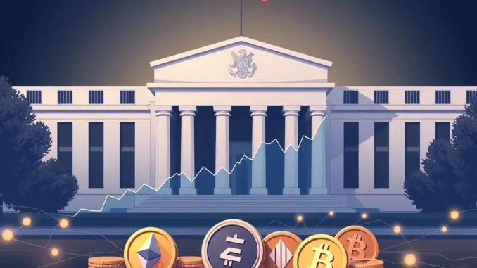 A visual representation of the Federal Reserve's decision to maintain the Fed rate hold, influencing global interest rates and the crypto market.