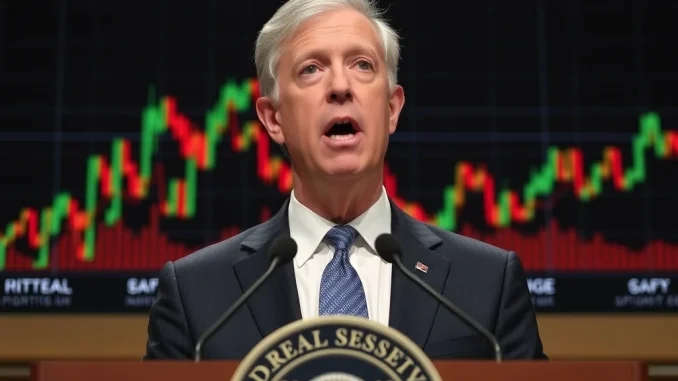 Federal Reserve Chair Jerome Powell discussing interest rates with crypto charts in the background