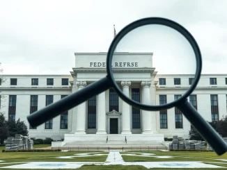 A visual representation of a Federal Reserve audit, showing a magnifying glass over the Fed building, symbolizing a deep dive into its financial operations and fiscal stewardship.