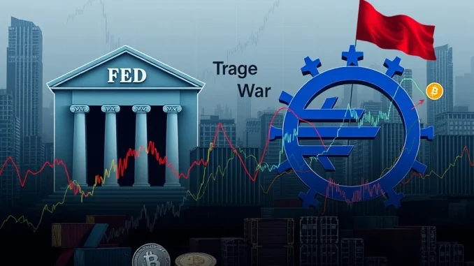 Illustrates Federal Reserve rates decisions, ECB rate pause, and Trump tariffs impacting the global monetary policy landscape and crypto markets.
