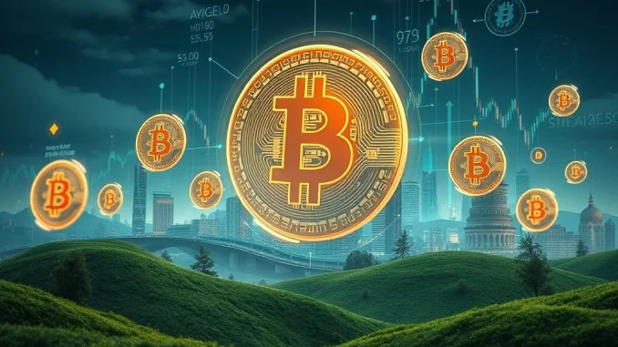 An abstract representation of digital finance, showing Bitcoin symbols flowing efficiently into traditional investment structures, symbolizing Fidelity's Bitcoin ETF enabling in-kind transactions.