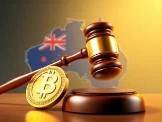 A gavel strikes a crypto coin, symbolizing the pivotal Finder ASIC ruling that clarified the legal status of crypto yield products in Australia.