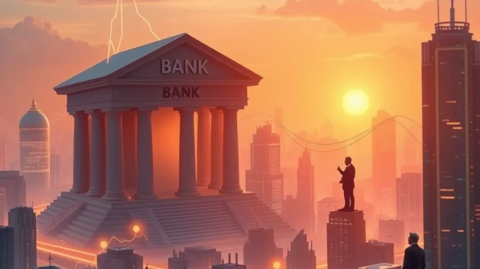 Fintech Innovation facing a barrier of bank fees, depicted as a digital lock on data flow, while a plea goes out to policymakers.