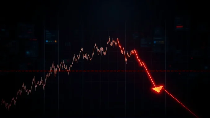 A stark red chart arrow pointing sharply down, illustrating the alarming FIS price plunge amidst extreme crypto volatility.